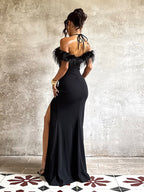 Feather Trim Maxi Dress For Women - Black Elegant Halter High Slit Bodycon Gown - Summer Evening Party 2026