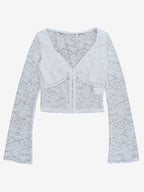 Floral Lace Crop Top For Women - White Elegant Long Sleeve V Neck Slim Fit Blouse - Spring Night Out Clubwear 2026