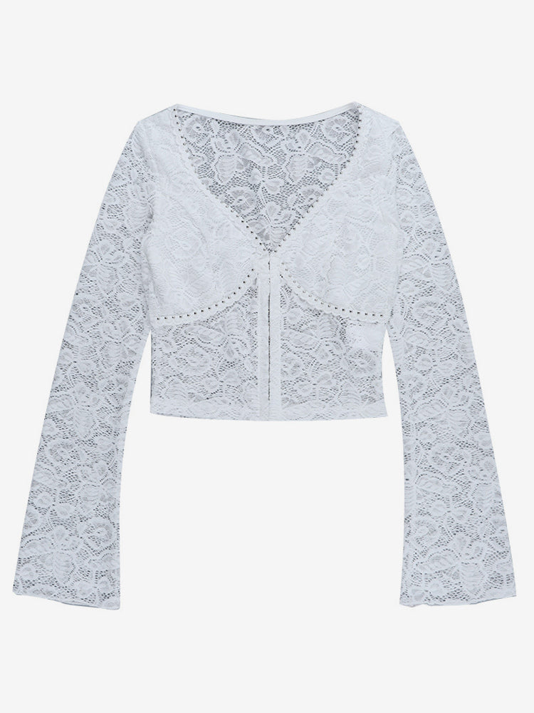Floral Lace Crop Top For Women - White Elegant Long Sleeve V Neck Slim Fit Blouse - Spring Night Out Clubwear 2026