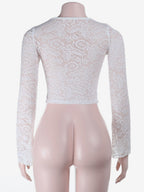 Floral Lace Crop Top For Women - White Elegant Long Sleeve V Neck Slim Fit Blouse - Spring Night Out Clubwear 2026