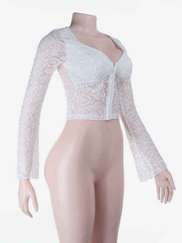 Floral Lace Crop Top For Women - White Elegant Long Sleeve V Neck Slim Fit Blouse - Spring Night Out Clubwear 2026