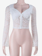 Floral Lace Crop Top For Women - White Elegant Long Sleeve V Neck Slim Fit Blouse - Spring Night Out Clubwear 2026