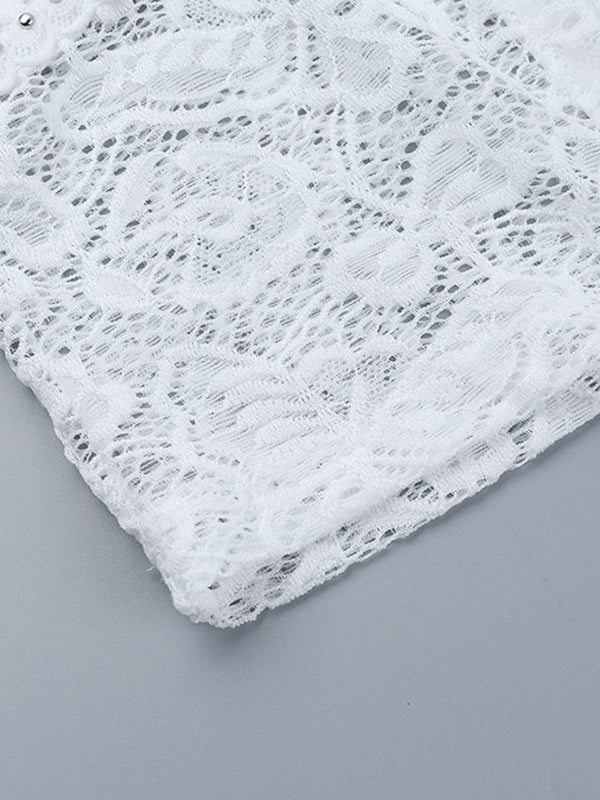 Floral Lace Crop Top For Women - White Elegant Long Sleeve V Neck Slim Fit Blouse - Spring Night Out Clubwear 2026