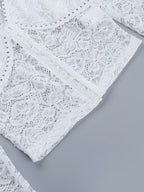 Floral Lace Crop Top For Women - White Elegant Long Sleeve V Neck Slim Fit Blouse - Spring Night Out Clubwear 2026