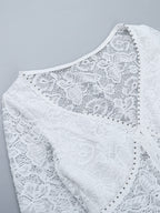 Floral Lace Crop Top For Women - White Elegant Long Sleeve V Neck Slim Fit Blouse - Spring Night Out Clubwear 2026
