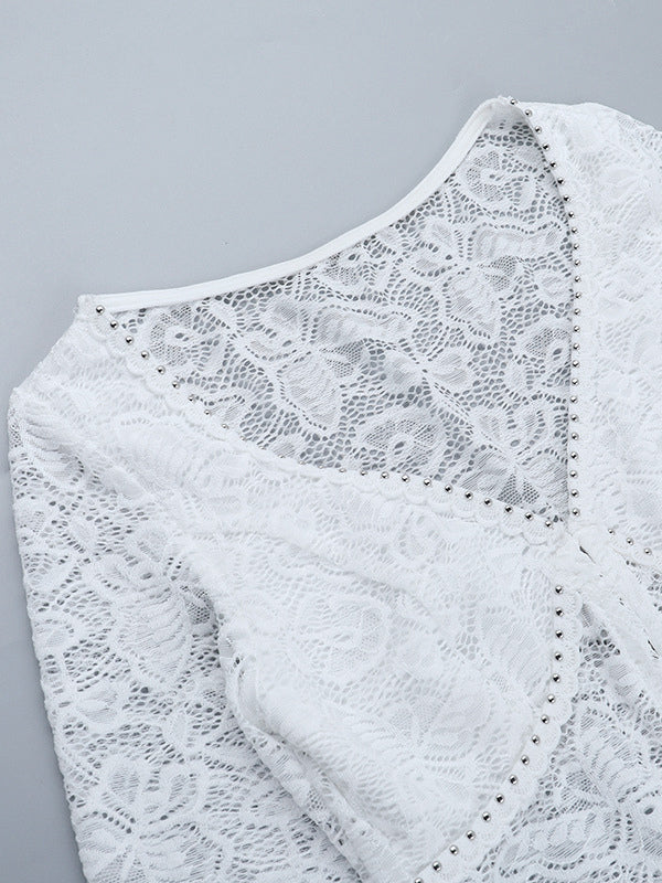 Floral Lace Crop Top For Women - White Elegant Long Sleeve V Neck Slim Fit Blouse - Spring Night Out Clubwear 2026