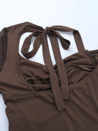 Halter Corset Top For Women - Brown Mesh Patchwork Long Sleeve Blouse - Spring Night Out Clubwear 2026