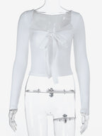 Lace Trim Bow Tie Front Cropped Top For Women - White Slim Fit Long Sleeve Fairycore Blouse - Spring Night Out Clubwear 2026