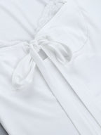 Lace Trim Bow Tie Front Cropped Top For Women - White Slim Fit Long Sleeve Fairycore Blouse - Spring Night Out Clubwear 2026