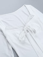 Lace Trim Bow Tie Front Cropped Top For Women - White Slim Fit Long Sleeve Fairycore Blouse - Spring Night Out Clubwear 2026