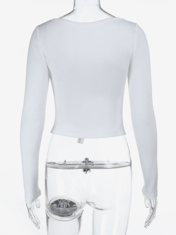 Lace Trim Bow Tie Front Cropped Top For Women - White Slim Fit Long Sleeve Fairycore Blouse - Spring Night Out Clubwear 2026