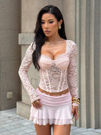 Pink Corset Style Lace Top For Women - Elegant Long Sleeve Sweetheart Bustier Blouse - Spring Night Out Clubwear 2026