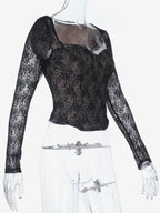 Black Lace Corset Style Crop Top For Women - Gothic Long Sleeve Sweetheart Bustier Blouse - Spring Night Out Party 2026