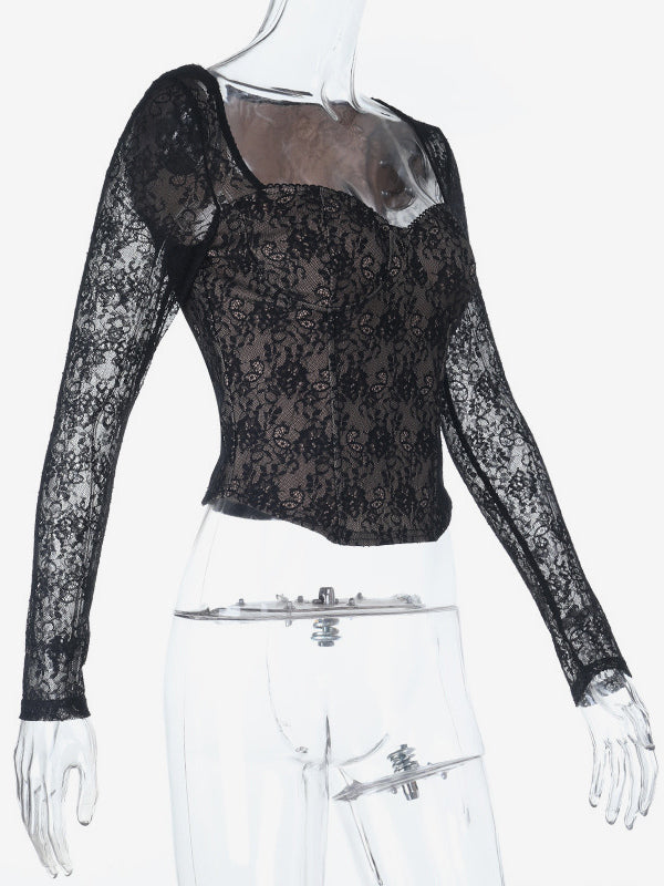 Black Lace Corset Style Crop Top For Women - Gothic Long Sleeve Sweetheart Bustier Blouse - Spring Night Out Party 2026