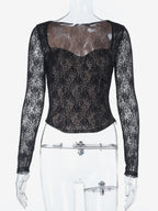 Black Lace Corset Style Crop Top For Women - Gothic Long Sleeve Sweetheart Bustier Blouse - Spring Night Out Party 2026