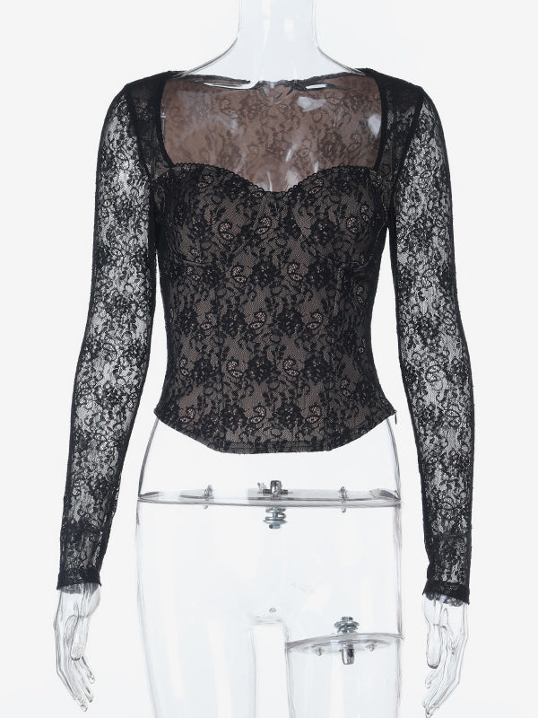 Black Lace Corset Style Crop Top For Women - Gothic Long Sleeve Sweetheart Bustier Blouse - Spring Night Out Party 2026