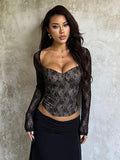 Black Lace Corset Style Crop Top For Women - Gothic Long Sleeve Sweetheart Bustier Blouse - Spring Night Out Party 2026