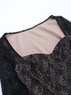 Black Lace Corset Style Crop Top For Women - Gothic Long Sleeve Sweetheart Bustier Blouse - Spring Night Out Party 2026