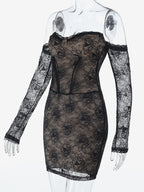 Lace Corset Dress For Women - Black Off Shoulder Long Sleeve Bodycon Mini Dress - Spring Clubwear Evening Party 2026