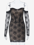 Lace Corset Dress For Women - Black Off Shoulder Long Sleeve Bodycon Mini Dress - Spring Clubwear Evening Party 2026