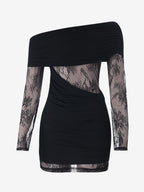 Ruched Lace Patchwork Mini Dress For Women - Black Off Shoulder Bodycon - Spring Club Night Out 2026