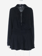 Tie Front Cutout Shirt Dress For Women - Black Long Sleeve Ruffle Hem Mini Dress - Spring Streetwear 2026