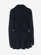 Tie Front Cutout Shirt Dress For Women - Black Long Sleeve Ruffle Hem Mini Dress - Spring Streetwear 2026