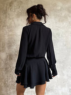 Tie Front Cutout Shirt Dress For Women - Black Long Sleeve Ruffle Hem Mini Dress - Spring Streetwear 2026