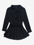 Tie Front Cutout Shirt Dress For Women - Black Long Sleeve Ruffle Hem Mini Dress - Spring Streetwear 2026