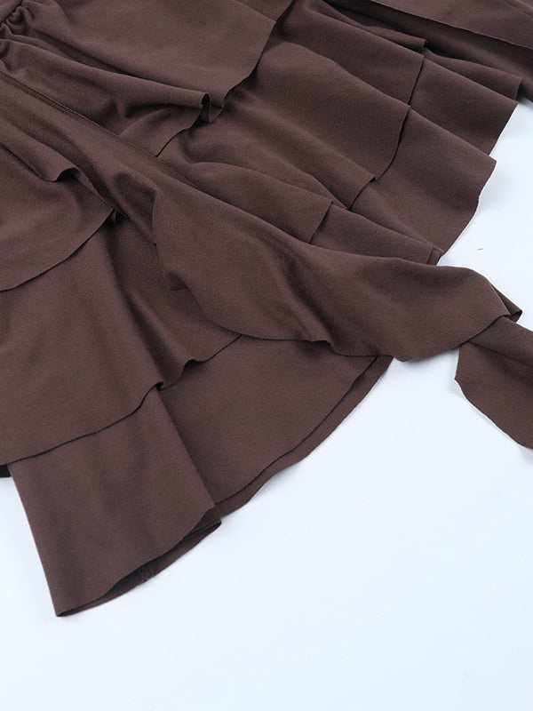 Tiered Ruffle Dress For Women - Coffee Brown Off Shoulder Long Sleeve Balletcore Mini Dress - Spring Birthday Party 2026