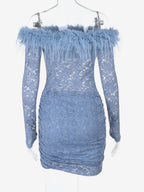 Faux Fur Trim Lace Mini Dress For Women - Dusty Blue Sexy Ruched Long Sleeve Bodycon - Spring Wedding Guest Party Dress 2026