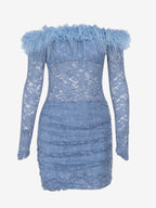 Faux Fur Trim Lace Mini Dress For Women - Dusty Blue Sexy Ruched Long Sleeve Bodycon - Spring Wedding Guest Party Dress 2026