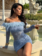 Faux Fur Trim Lace Mini Dress For Women - Dusty Blue Sexy Ruched Long Sleeve Bodycon - Spring Wedding Guest Party Dress 2026