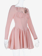 Pink A Line Corset Style Mini Dress For Women - Coquette Lace Patchwork Long Sleeve - Spring Birthday Party 2026