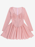 Pink A Line Corset Style Mini Dress For Women - Coquette Lace Patchwork Long Sleeve - Spring Birthday Party 2026