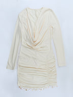 Cowl Neck Ruched Mini Dress For Women- Cream Sexy Long Sleeve Fringe Bodycon - Spring Cocktail Party 2026