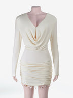 Cowl Neck Ruched Mini Dress For Women- Cream Sexy Long Sleeve Fringe Bodycon - Spring Cocktail Party 2026