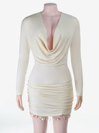 Cowl Neck Ruched Mini Dress For Women- Cream Sexy Long Sleeve Fringe Bodycon - Spring Cocktail Party 2026