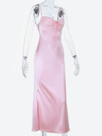 Pastel Pink Coquette Slip Dress For Women - Bow Front Midi Cami Gown - Spring Date Night Outfits 2026