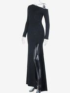 Glitter One Shoulder Maxi Dress For Women - Black Sparkly High Slit Slim Fit Gown - Spring Gala Prom Party Outfits 2026