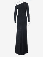 Glitter One Shoulder Maxi Dress For Women - Black Sparkly High Slit Slim Fit Gown - Spring Gala Prom Party Outfits 2026