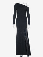 Glitter One Shoulder Maxi Dress For Women - Black Sparkly High Slit Slim Fit Gown - Spring Gala Prom Party Outfits 2026