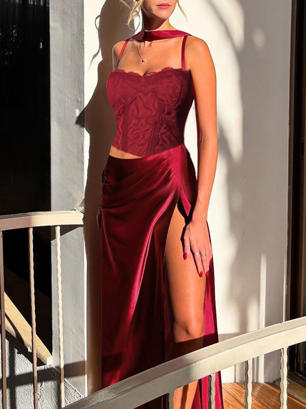 Corset Style Lace Maxi Dress For Women - Drape Ruched Bodycon Gown - Spring Evening Party Outfits 2026