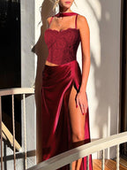 Corset Style Lace Maxi Dress For Women - Drape Ruched Bodycon Gown - Spring Evening Party Outfits 2026