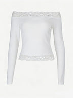 Off Shoulder Lace Trim Crop Top For Women - Long Sleeve Slim Fit Y2K Blouse - Spring Streetwear 2026