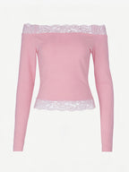 Off Shoulder Lace Trim Crop Top For Women - Long Sleeve Slim Fit Y2K Blouse - Spring Streetwear 2026