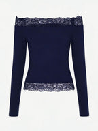 Off Shoulder Lace Trim Crop Top For Women - Long Sleeve Slim Fit Y2K Blouse - Spring Streetwear 2026