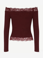 Off Shoulder Lace Trim Crop Top For Women - Long Sleeve Slim Fit Y2K Blouse - Spring Streetwear 2026
