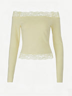 Off Shoulder Lace Trim Crop Top For Women - Long Sleeve Slim Fit Y2K Blouse - Spring Streetwear 2026