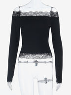 Off Shoulder Lace Trim Crop Top For Women - Long Sleeve Slim Fit Y2K Blouse - Spring Streetwear 2026